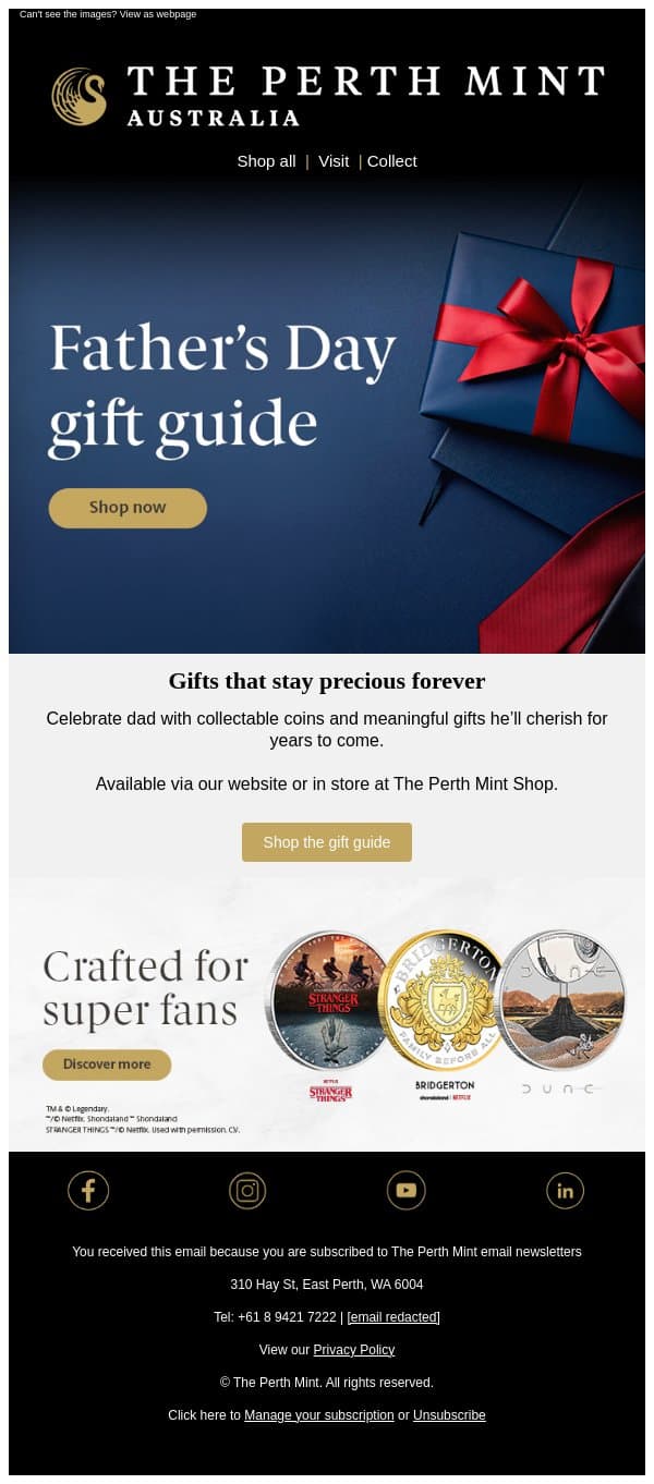 Shop our Father’s Day gift guide email from Perth Mint screenshot