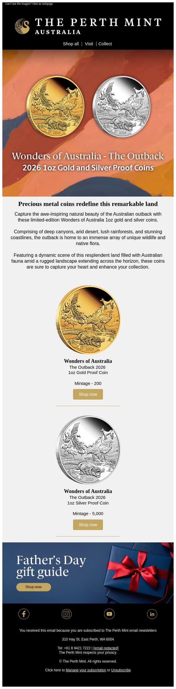 Coins to celebrate Australia’s natural treasures email from Perth Mint screenshot
