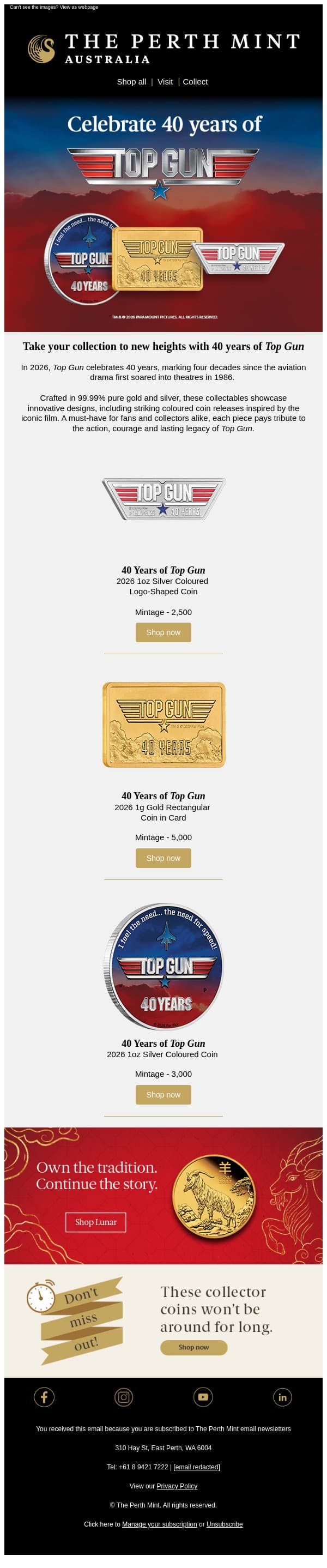Celebrate 40 Years of Top Gun email from Perth Mint screenshot