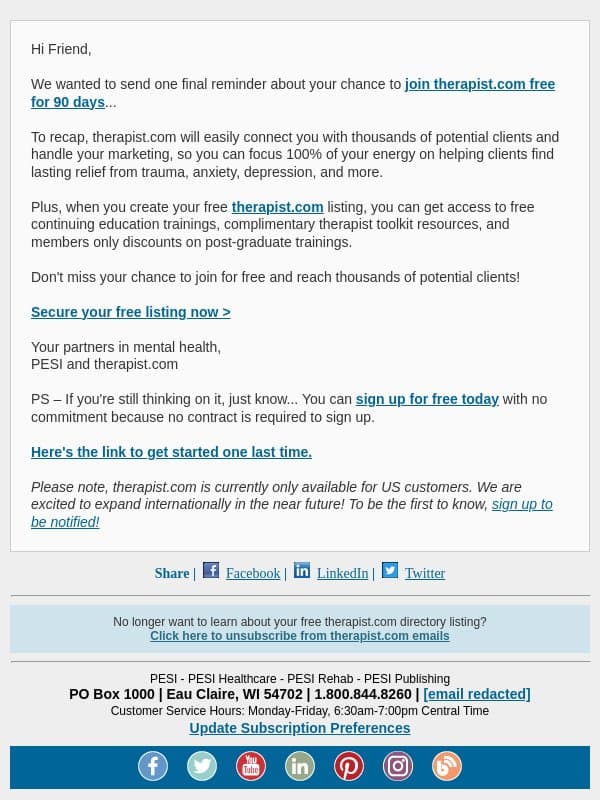 Get in for free today! email from PESI