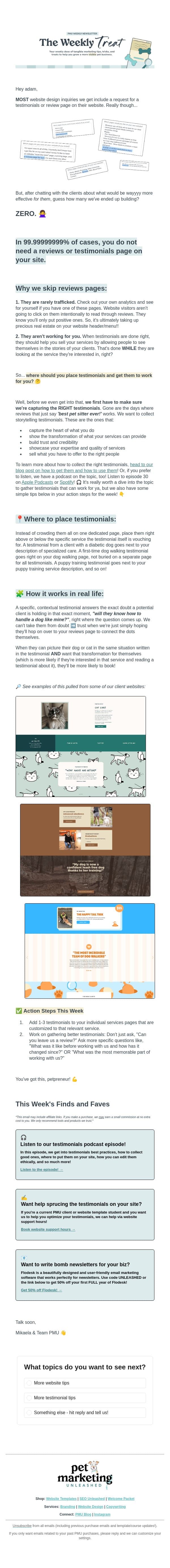 Testimonial pages don't work ❌ email from Pet Marketing Unleashed screenshot