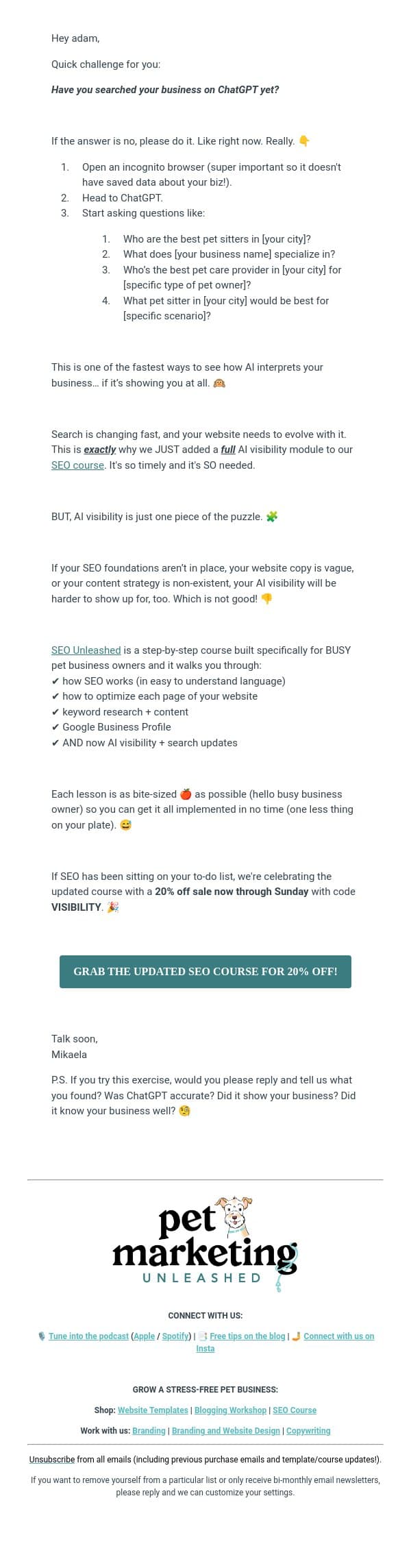 This AI exercise might surprise you π email from Pet Marketing Unleashed screenshot