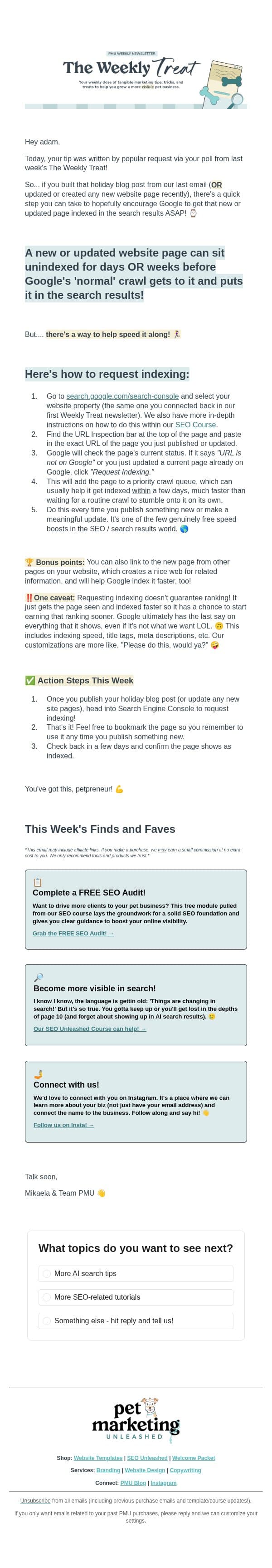Here's how to make Google notice new content fast ๐ email from Pet Marketing Unleashed screenshot