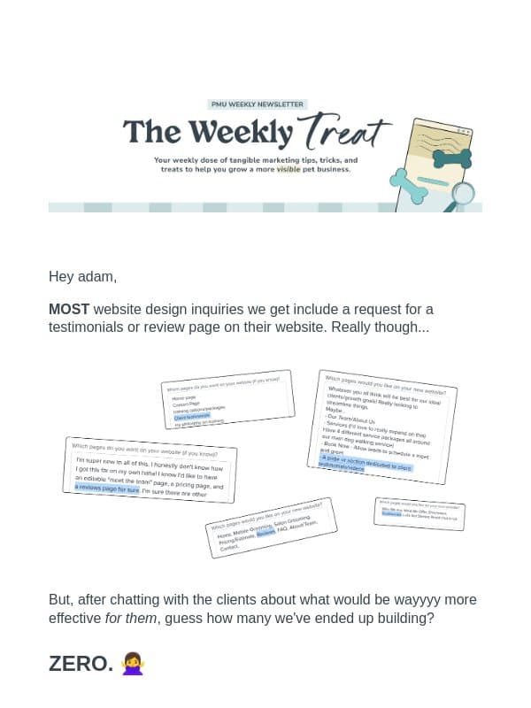 Testimonial pages don't work ❌ email from Pet Marketing Unleashed
