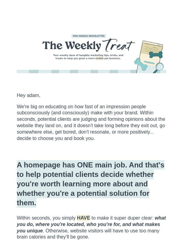 A simple test for whether your homepage is doing its job email from Pet Marketing Unleashed