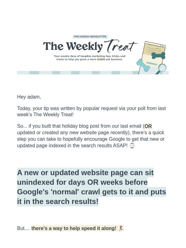 Here's how to make Google notice new content fast 🔍 email from Pet Marketing Unleashed