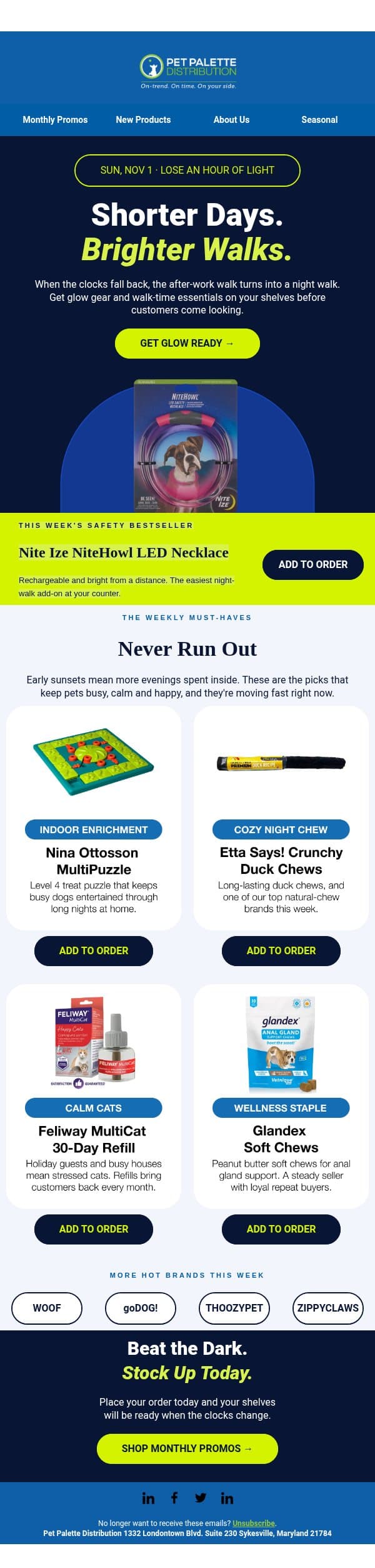 Shorter days, brighter walks. Is your store ready? email from Pet Palette Distribution screenshot