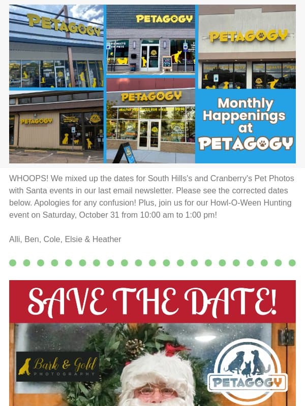 CORRECTION: Pet Photos with Santa Dates!🎅 email from Petagogy