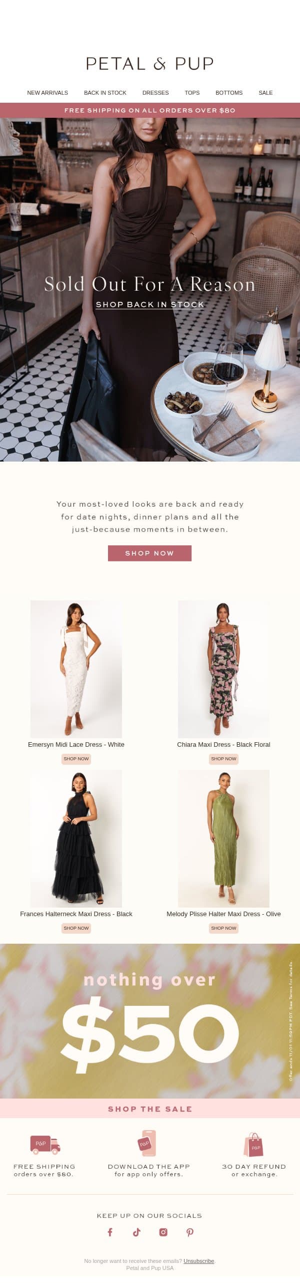 SOLD OUT FOR A REASON 🤎 email from Petal & Pup screenshot