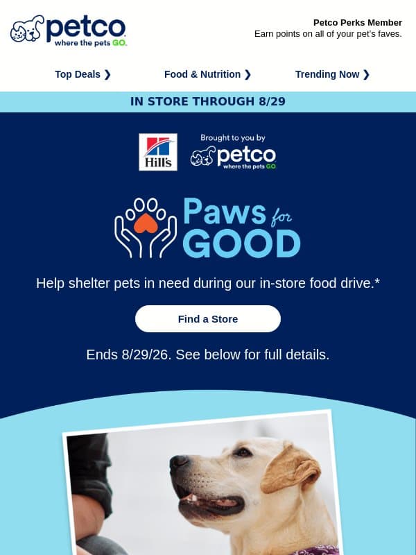 🐾 Our in-store food drive is back! email from Petco