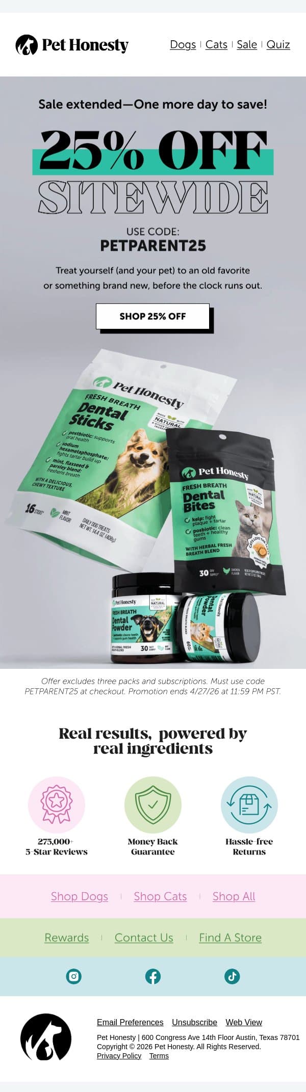 25% OFF - Extended 24 hours! ๐ email from PetHonesty screenshot