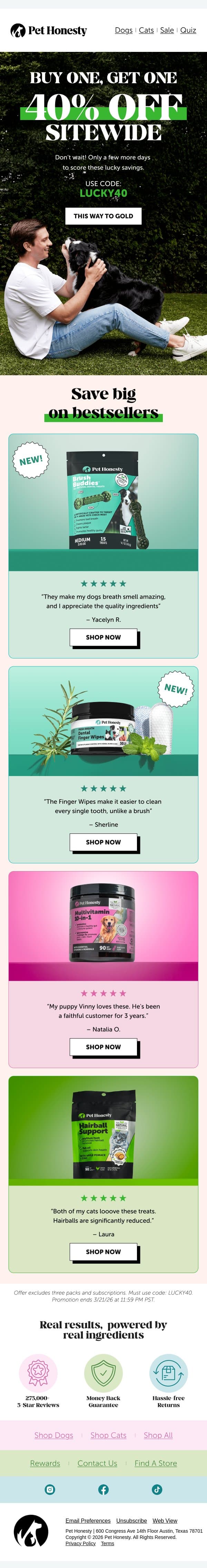 Ends soon: BOGO 40% off ๐ email from PetHonesty screenshot