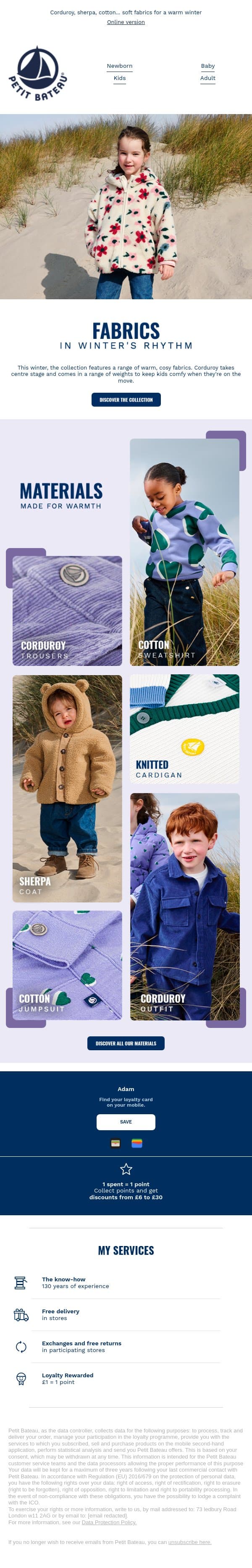 Our lovely fabrics to beat the cold email from Petit Bateau screenshot