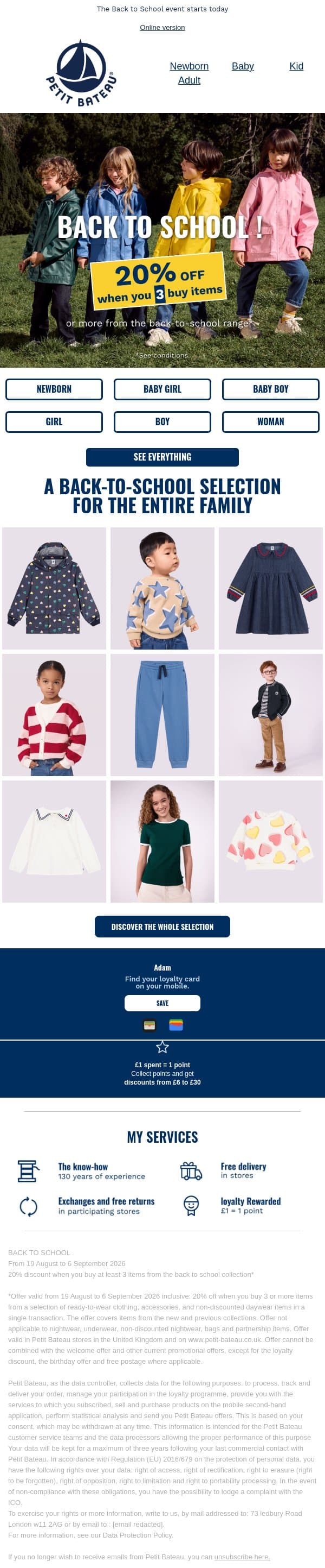 🎒Let’s go: 20% off when you buy 3 items or more! email from Petit Bateau screenshot