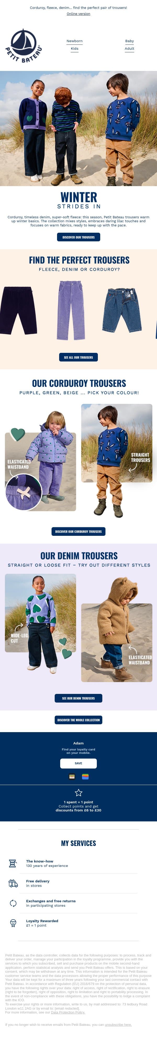 Warm trousers as comfy as they are stylish email from Petit Bateau screenshot