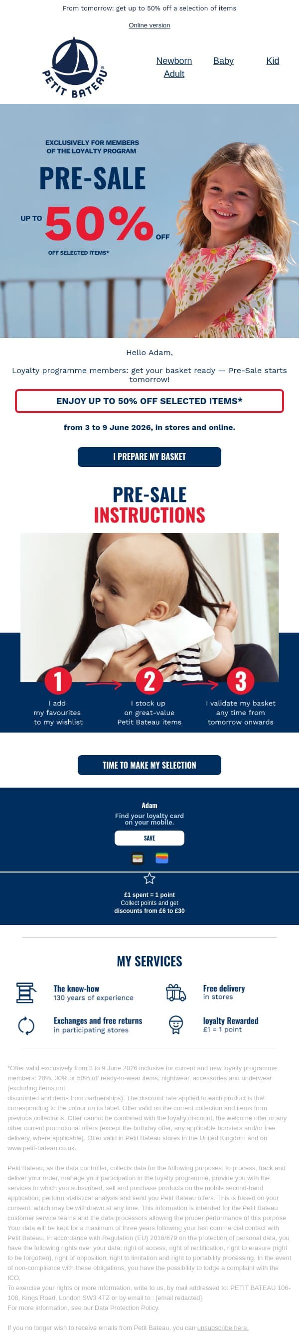 πAdam, get your basket ready for the Pre-Sale! email from Petit Bateau screenshot