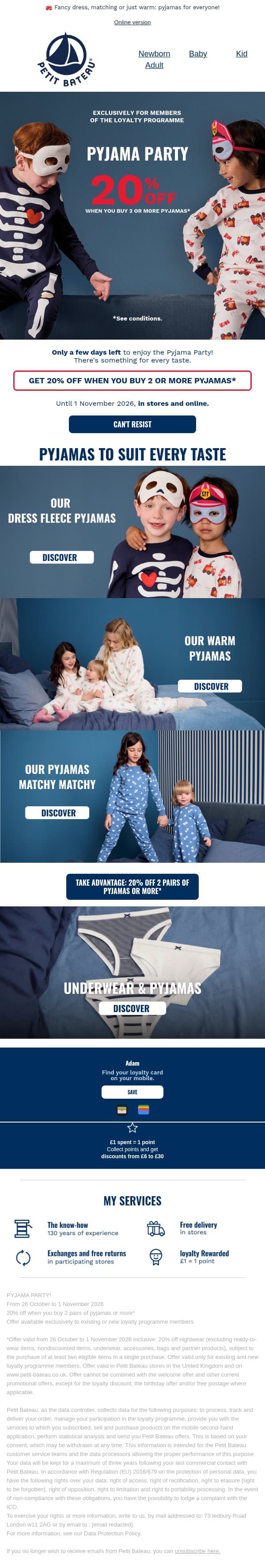 Don’t miss out: get 20% off when you buy two or more pyjama suits email from Petit Bateau screenshot