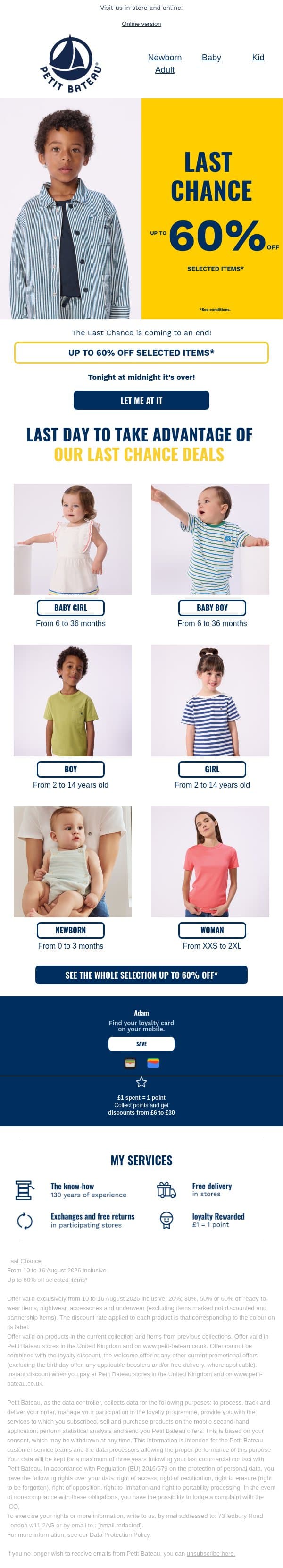 ⏰Last few hours: up to 60% off selected items email from Petit Bateau screenshot