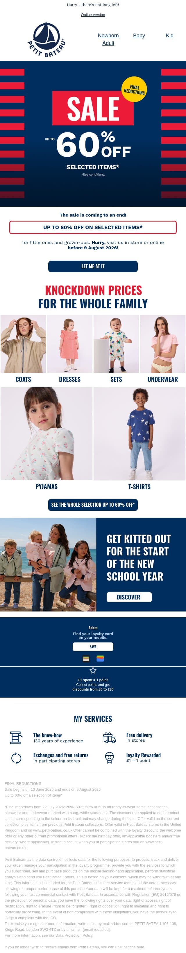 Only 5 days left: up to 60% off selected items email from Petit Bateau screenshot