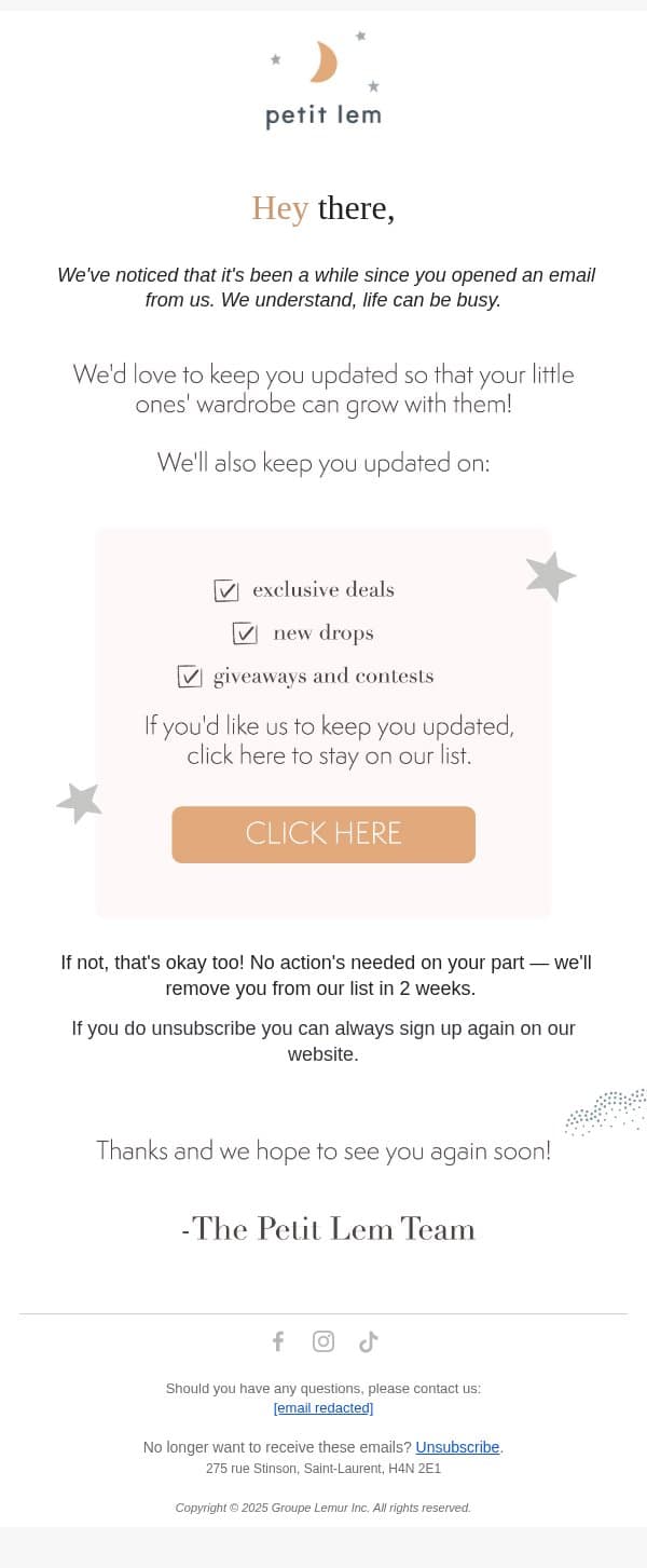Time to say goodbye? email from Petit Lem screenshot