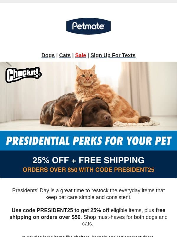 Spend $50 or More and Get 25% Off + Free Shipping email from Petmate