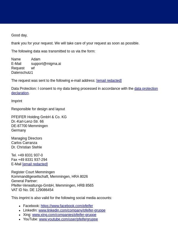 Your Press Request email from PFEIFER