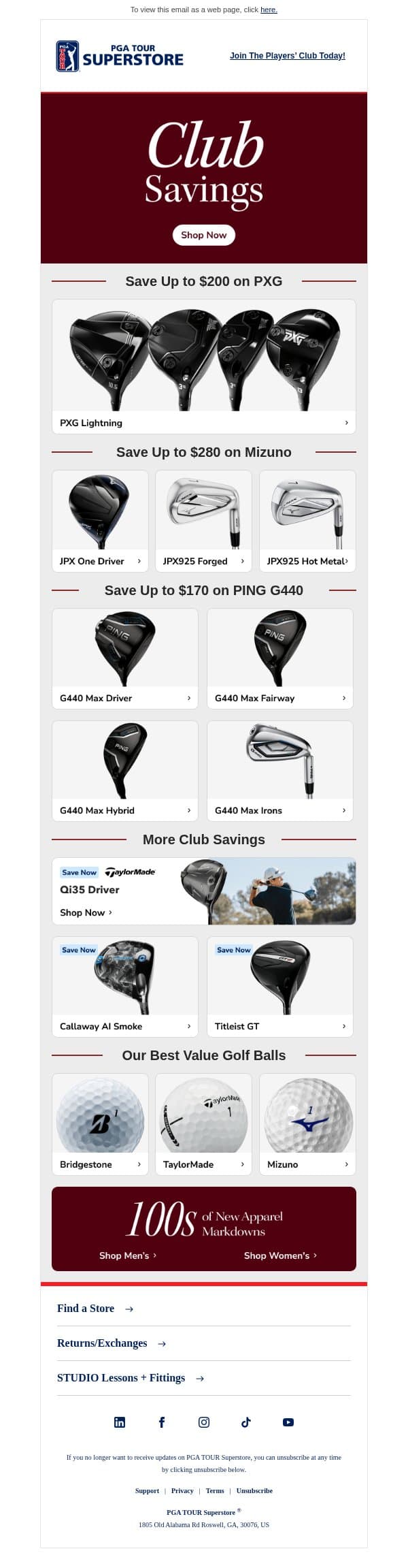 Save Up to $200 on Top Clubs email from PGA TOUR Superstore screenshot
