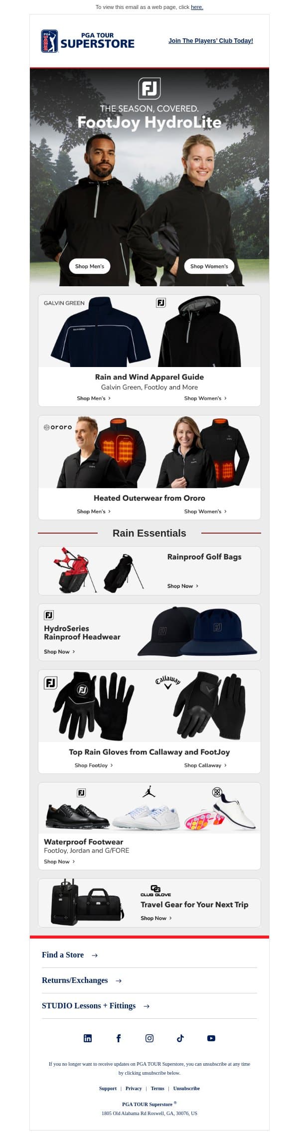 Stay Dry on the Course All Fall 🌧️ email from PGA TOUR Superstore screenshot