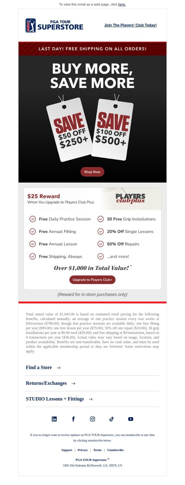 Final Hours for $100 Off and Free Shipping email from PGA TOUR Superstore screenshot