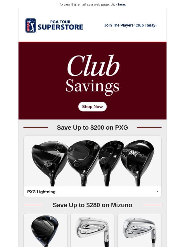 Save Up to $200 on Top Clubs email from PGA TOUR Superstore
