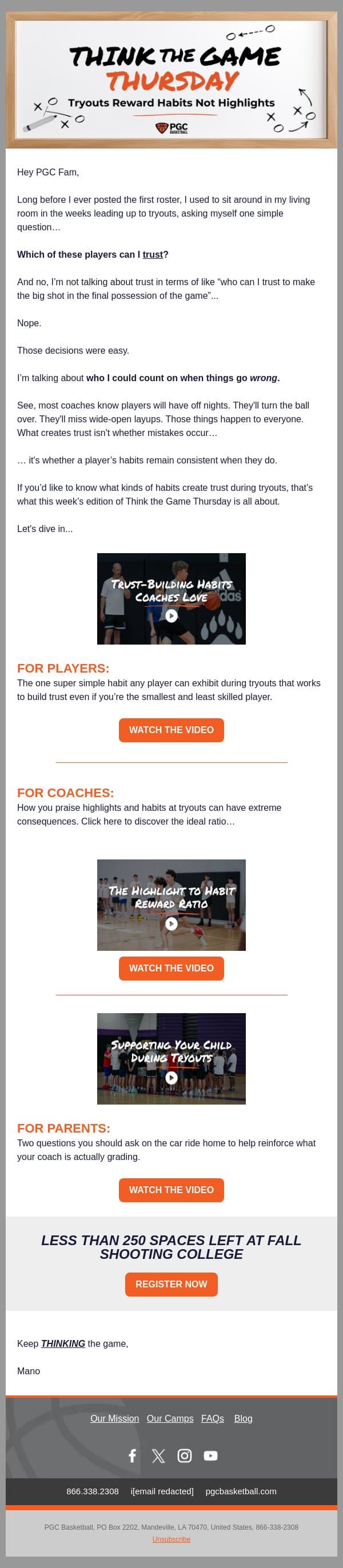 Think the Game Thursday: Tryouts Reward Habits Not Highlights email from PGC Basketball screenshot