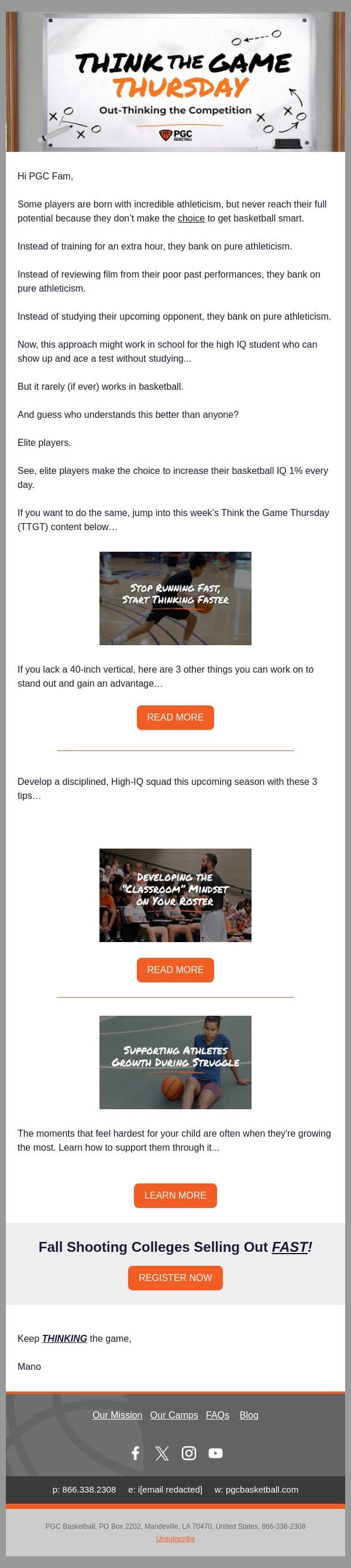 Think the Game Thursday: Out-Thinking the Competition email from PGC Basketball screenshot