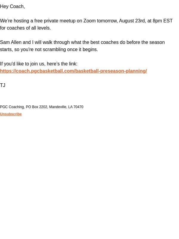 Zoom meetup for coaches. You in? email from PGC Basketball screenshot