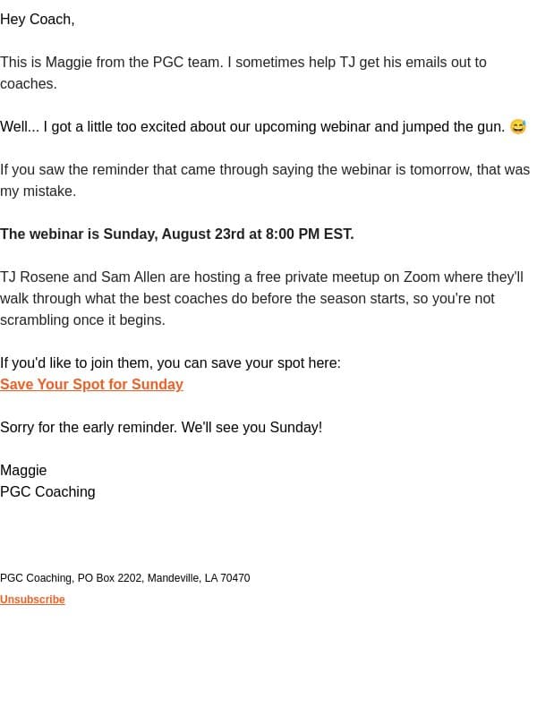 Oops! Join us Sunday. email from PGC Basketball screenshot