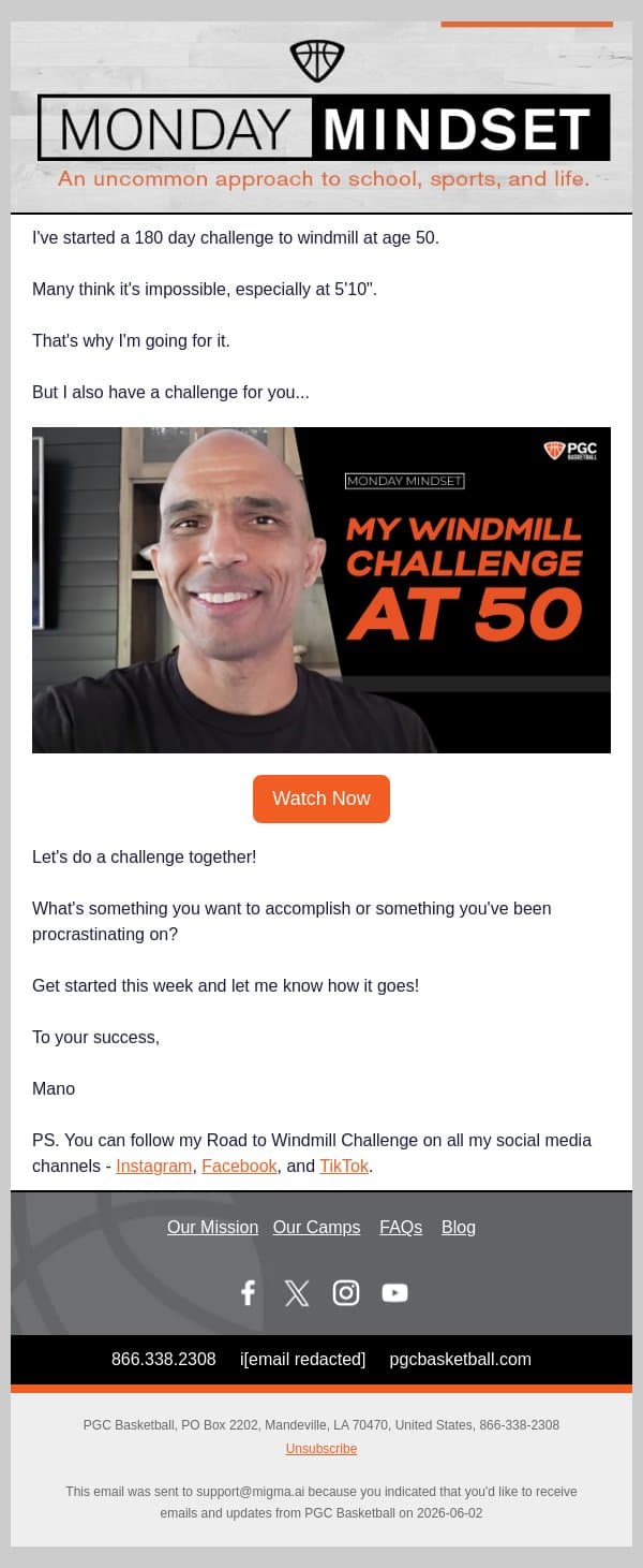 My Windmill Challenge at 50 | Monday Mindset email from PGC Basketball screenshot