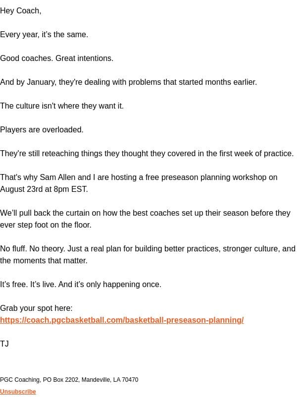 Most coaches lose here. You won’t. email from PGC Basketball screenshot