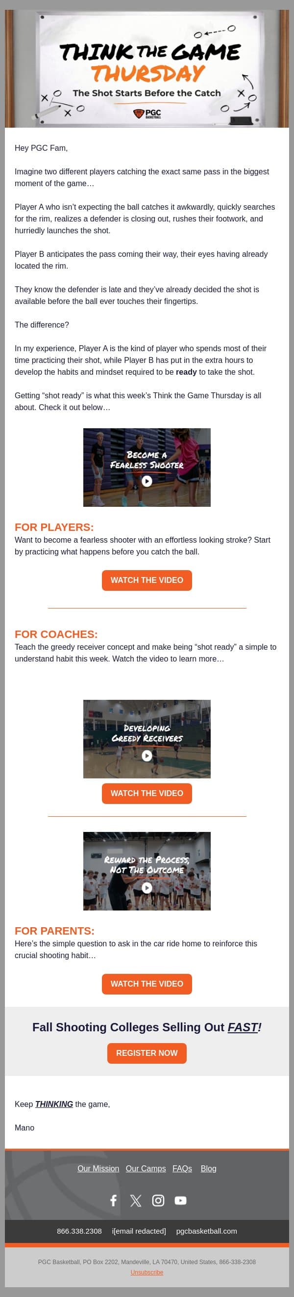 Think the Game Thursday: The Shot Starts Before The Catch email from PGC Basketball screenshot