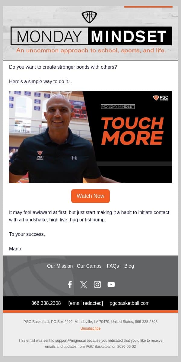 Touch More | Monday Mindset email from PGC Basketball screenshot