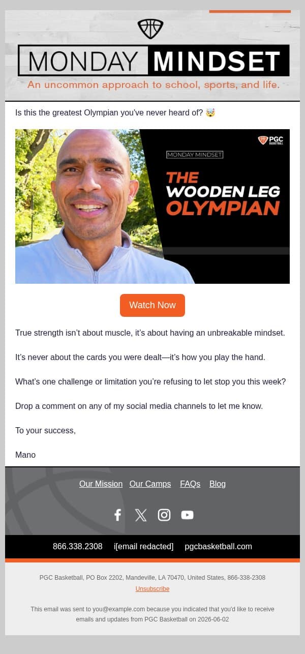 The Wooden Leg Olympian | Monday Mindset email from PGC Basketball screenshot