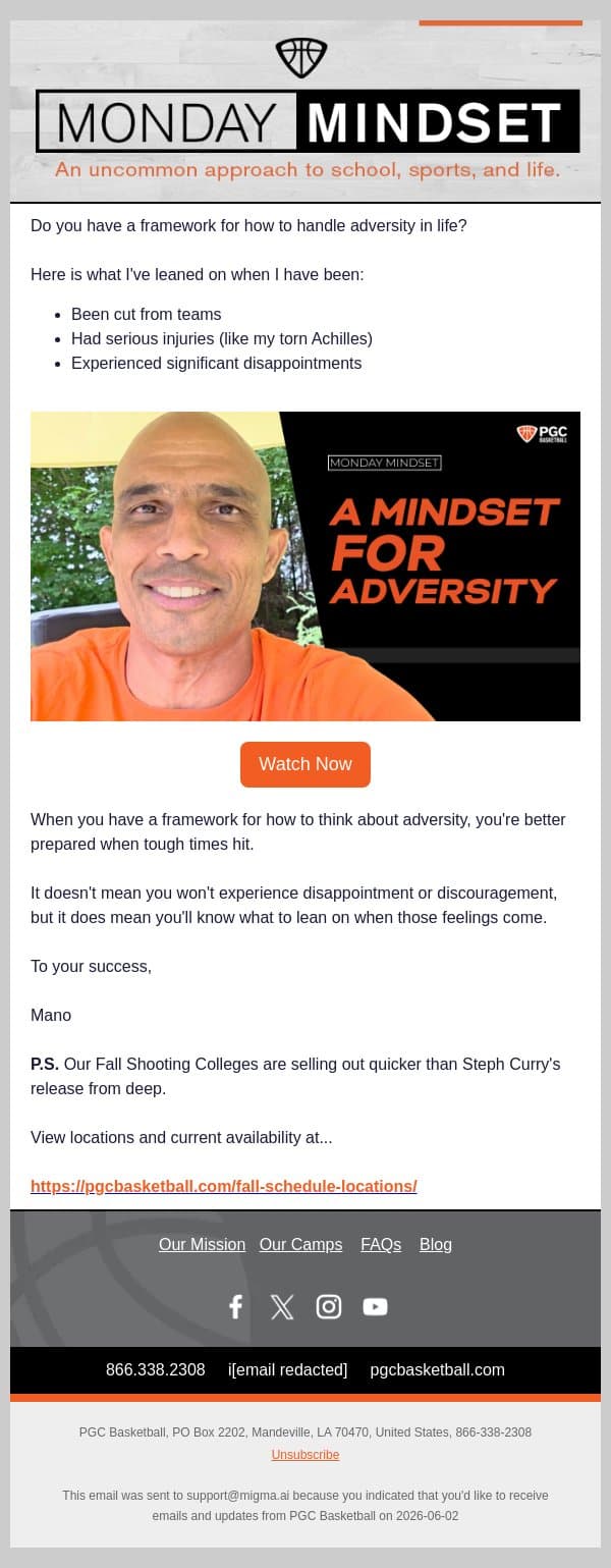 A Mindset for Adversity | Monday Mindset email from PGC Basketball screenshot