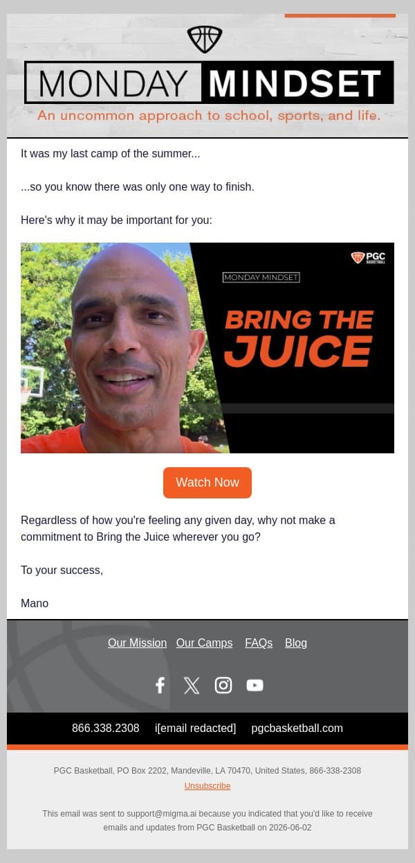 Bring the Juice | Monday Mindset email from PGC Basketball screenshot