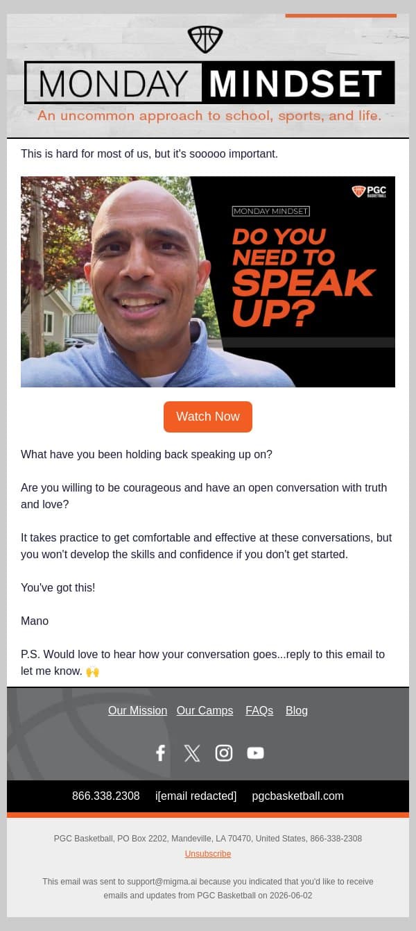 Do You Need to Speak Up? | Monday Mindset email from PGC Basketball screenshot