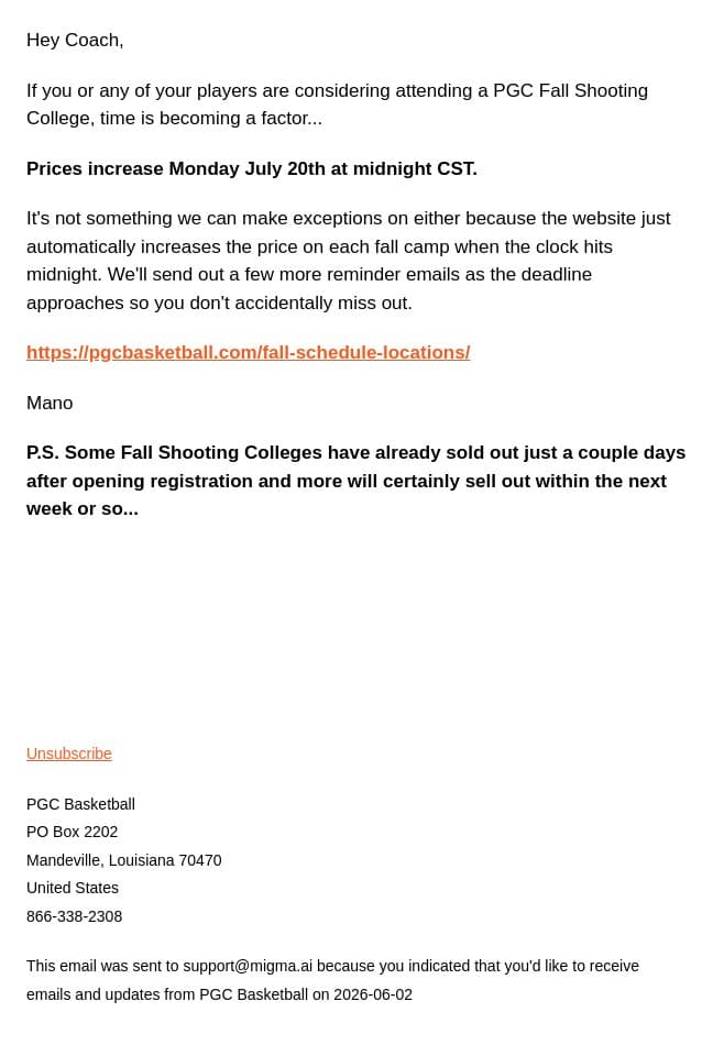 Impending fall camp price increase in... email from PGC Basketball screenshot