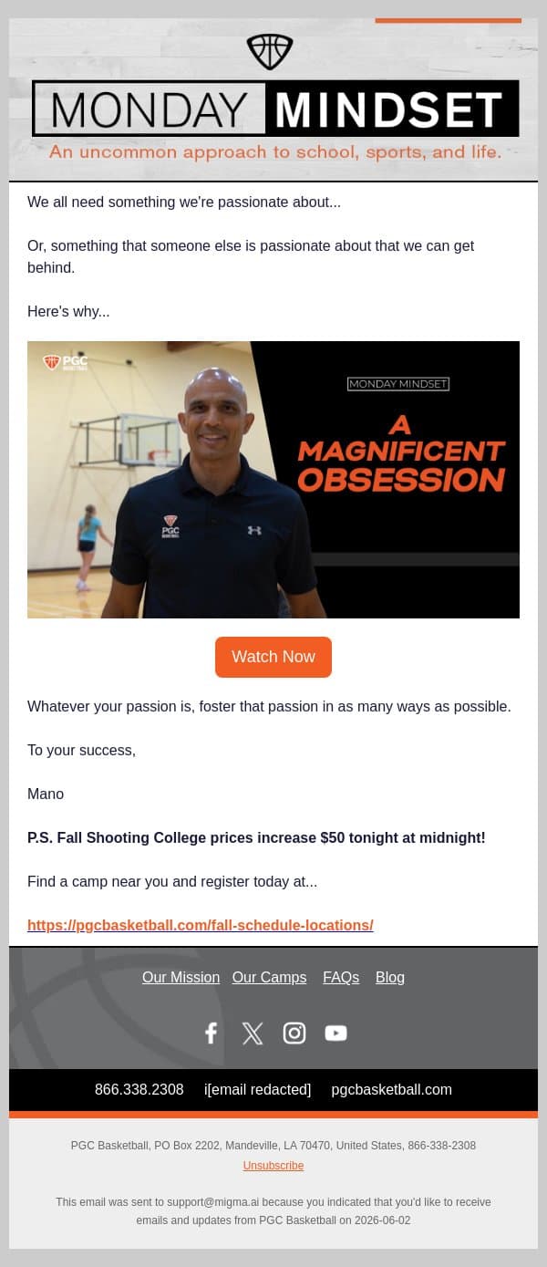 A Magnificent Obsession | Monday Mindset email from PGC Basketball screenshot