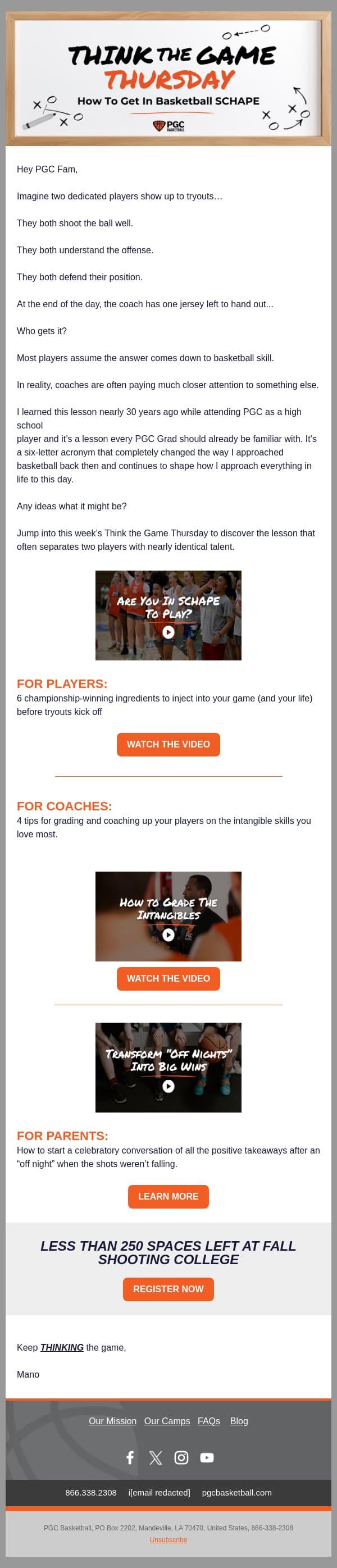 Think the Game Thursday: How to Get in Basketball SCHAPE email from PGC Basketball screenshot