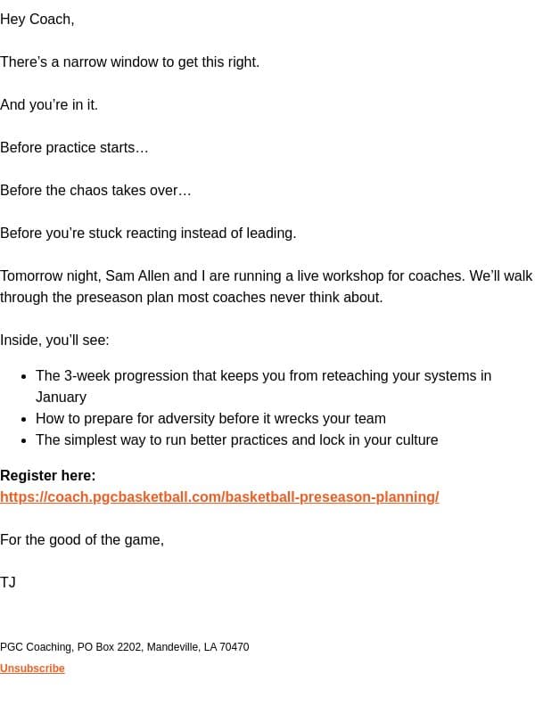 The season hasn’t started yet, but the clock’s ticking email from PGC Basketball screenshot
