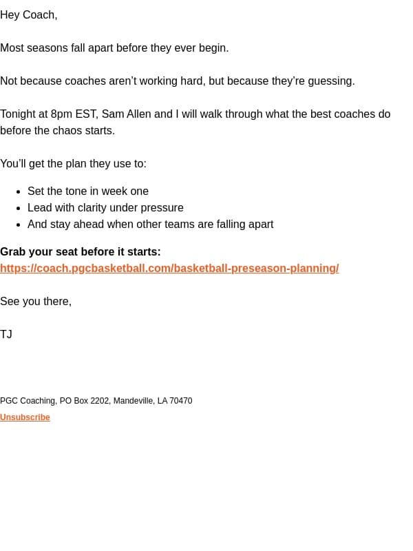 The plan most coaches miss email from PGC Basketball screenshot