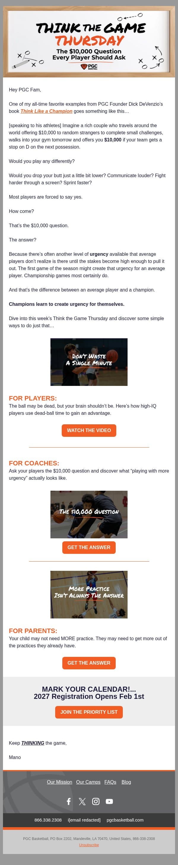 Think the Game Thursday: The $10,000 Question Every Player Should Ask email from PGC Basketball screenshot