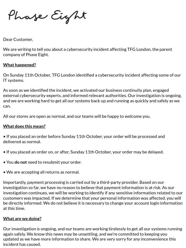 Phase Eight Cybersecurity Incident email from Phase Eight