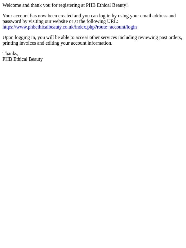 PHB Ethical Beauty - Thank you for registering email from PHB Ethical Beauty